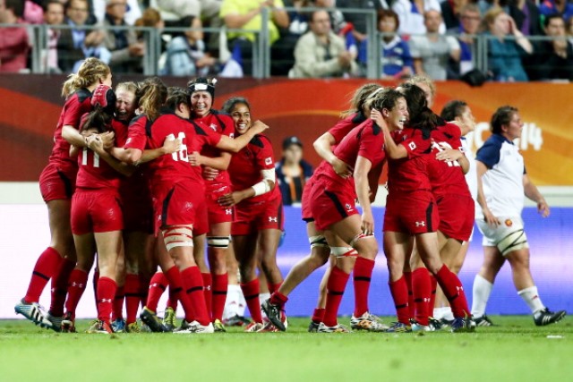 Canadian players celebrate their historic win over France at the Stade Jean Bouin ©Getty Images