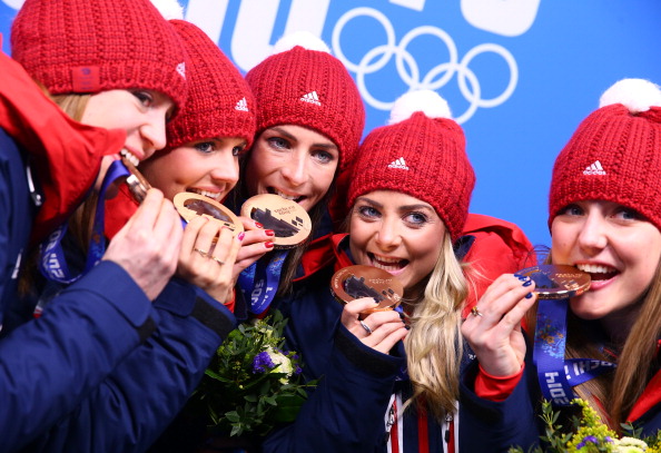 Claire Hamilton, Vicki Adams, Eve Muirhead, Anna Sloan and Lauren Gray celebrate their curling bronze medal at Sochi 2014 ©Getty Images
