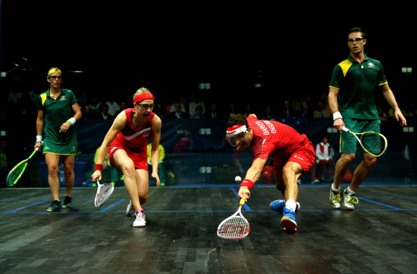 David Palmer and Rachael Grinham of Australia beat English pair Peter Barker and Alison Waters to gold in the squash mixed doubles ©Getty Images
