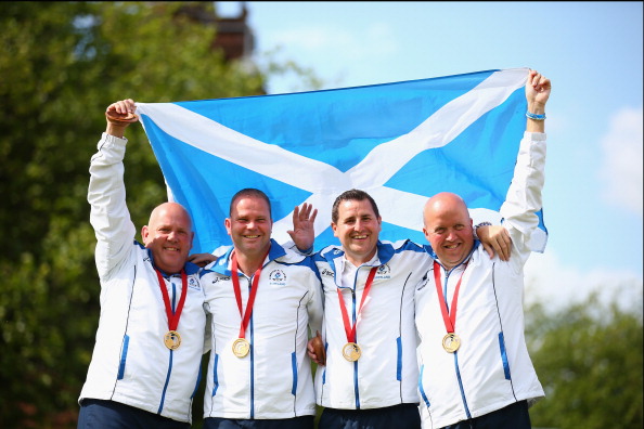David Peacock, Neil Speirs, Paul Foster and Alex Marshall gave the Scottish crowd reason to cheer at the Kelvingrove Lawns Bowls Centre after beating England 16-8 in the men's fours final ©Getty Images