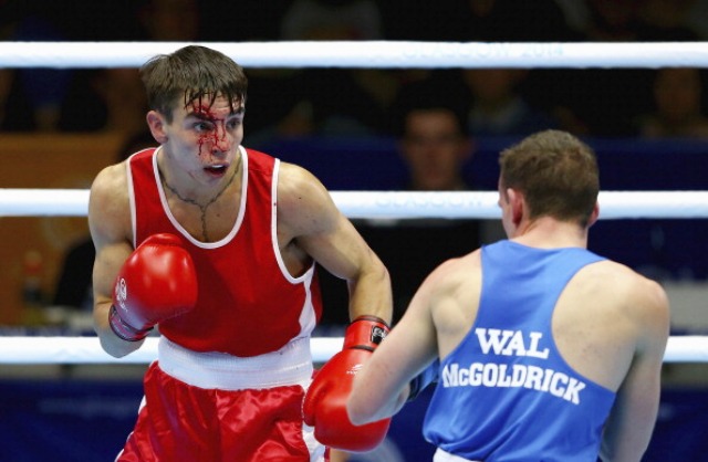 Blood streams down Michael Conlan's face during his bout with Sean McGoldrick forcing an early stoppage much to the annoyance of the Welshman ©Getty Images 