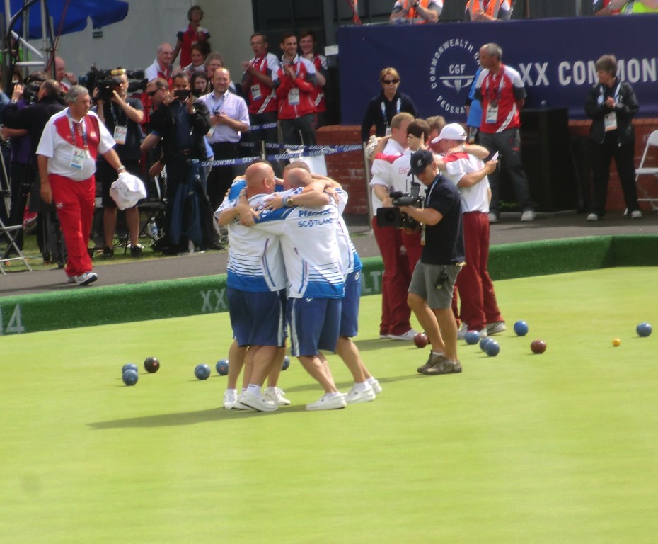 Scotland celebrate their victory in the men's fours