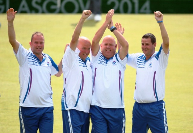 The victorious Scotland mens fours team at the lawn bowls