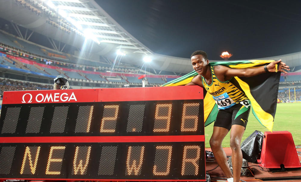 Jaheel Hyde of Jamaica set a world youth record in the men's 110m hurdles final ©Nanjing 2014