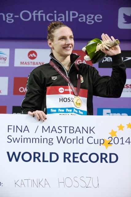 Katinka Hosszu celebrates yet another world record at the Hamad Aquatic Centre in Doha ©FINA World Cup 
