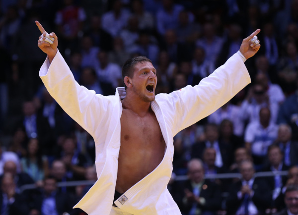 Lukas Krpalek celebrates winning the Czech Republic's first title at the World Judo Championships with victory over Cuba's Jose Armenteros in the final ©IJF