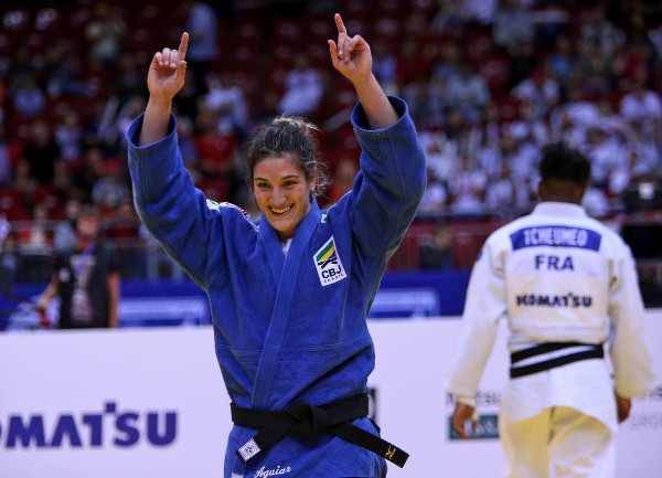 Brazil's Mayra Aguiar celebrates victory in the women's under-78kg class ©IJF