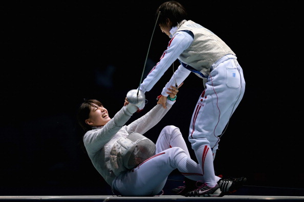 Misaki Emura (left) and Karin Miyawaki of Japan won the fencing mixed continental team competition ©Getty Images