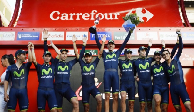 Movistar celebrate their stage one win at the Vuelta a Espana ©AFP/Getty Images