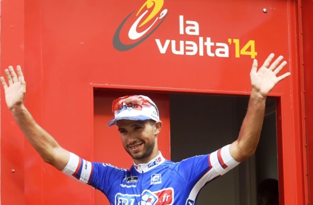 Nacer Bouhanni celebrates his second stage win on the Vuelta a España in Albacete today ©AFP/Getty Images