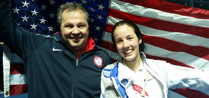 Sabrina Massialas celebrates with her father after taking gold here in Nanjing ©Team USA