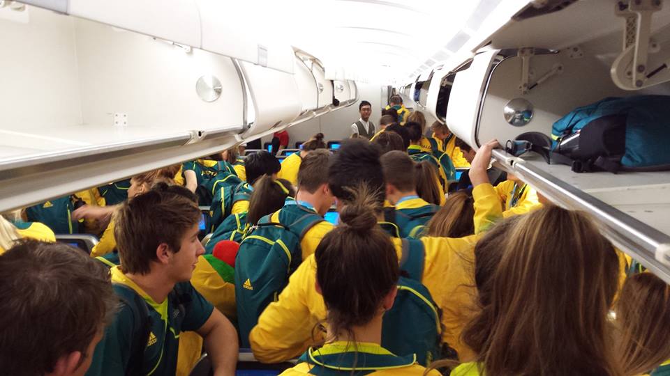 Seatbelts off and disembark - Australia's team arriving in Nanjing for the Summer Youth Olympic Games ©Facebook