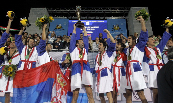 Serbia, pictured here winning the European title last month, are now World Cup champions ©AFP/Getty Images