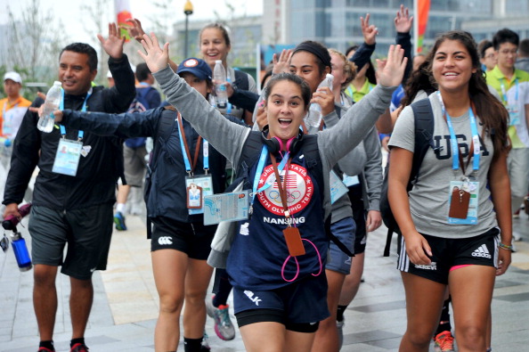 The United States delegation was all smiles as they arrived at the Youth Olympic Village ©Getty Images