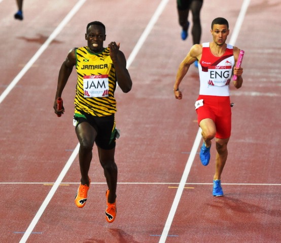 Usain Bolt powers to gold in the men's 4x100m final at Glasgow 2014 on the track that will be relocated to Grangemouth Stadium in Falkirk ©Getty Images