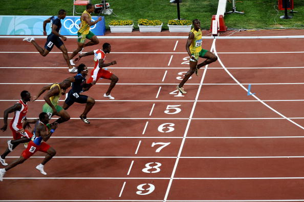 Usain Bolt leaves the rest of the world's 100m runners for dead in the final of the Beijing 2008 Olympics, clocking a world record of 9.69sec. Easily ©AFP/Getty Images