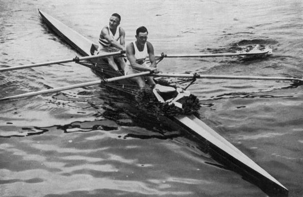 Jack Beresford (left) and Dick Southwood celebrate after winning the double sculls for Britain at the 1936 Berlin Games, bringing Beresford's Olympic total to three golds and two silvers ©AFP/Getty Images