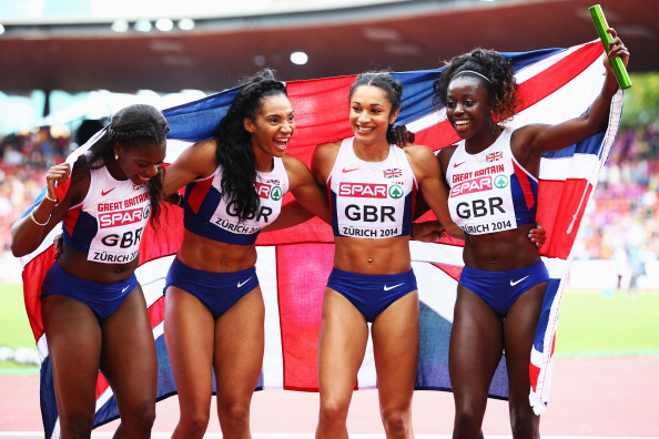 Britain's 4x100m women's team, pictured after winning European gold this month, beat Jamaica and the United States in Zurich tonight ©Getty Images