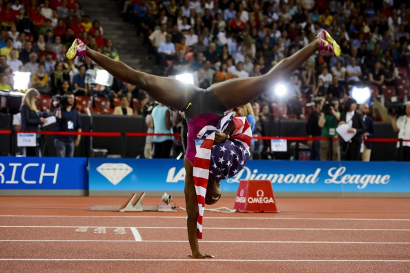 Dawn Harper-Nelson, the former Olympic 100m hurdles champion from the United States, offers a unique celebration of her success in the Diamond Race finale at Zurich ©Getty Images