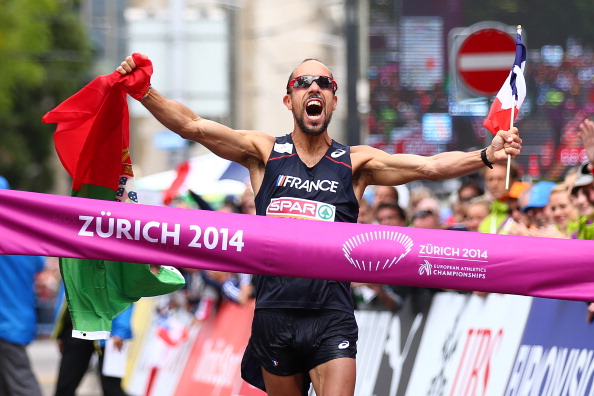 France's Johann Diniz celebrates a 50km race walk victory in a world record time which he "offered" to French team-mate Mehiedine Mekhissi-Benabbad following his disqualification from the previous night's 3,000m steeplechase ©Getty Images