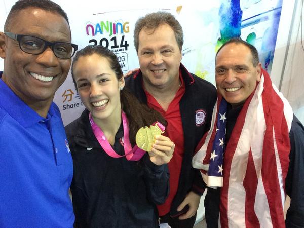 American gold medal winning fencer Sabrina Massialas enjoying a selfie with her father and coach Greg, and NBCSN reporter Lewis Johnson ©Twitter