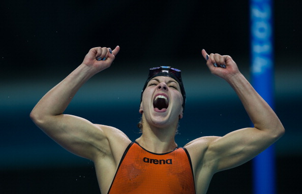 Hungary's Liliana Szilagyi celebrated after winning gold in the women's 200m butterfly ©AFP/Getty Images