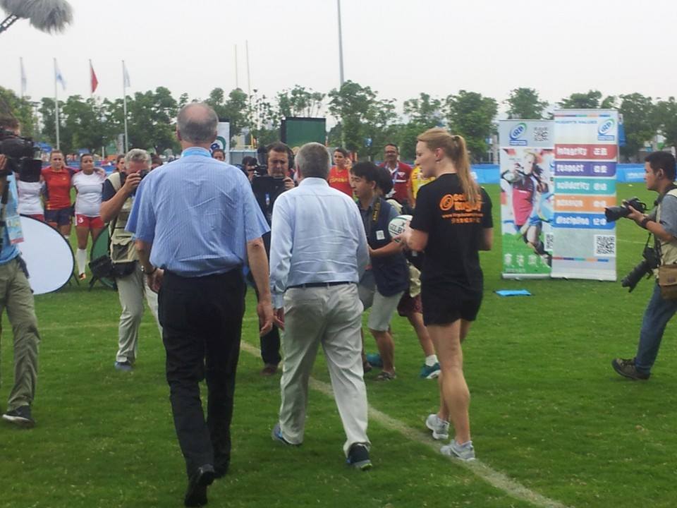 Thomas Bach and Bernard Lapasset are pursued as they stride purposefully at the rugby ©ITG