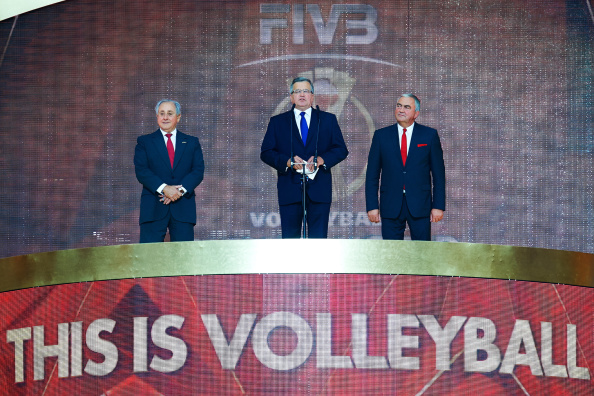 The Polish President, Bronislaw Komorowski (centre) and FIVB President Dr Ary Graca oversee the Opening Ceremony of the World Volleyball Championshiips in Warsaw tonight  ©Getty Images
