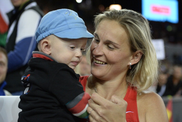 Double Olympic javelin champion BarboraSpotakova pictured with her son after taking her first European title in dramatic fashion ©Getty Images