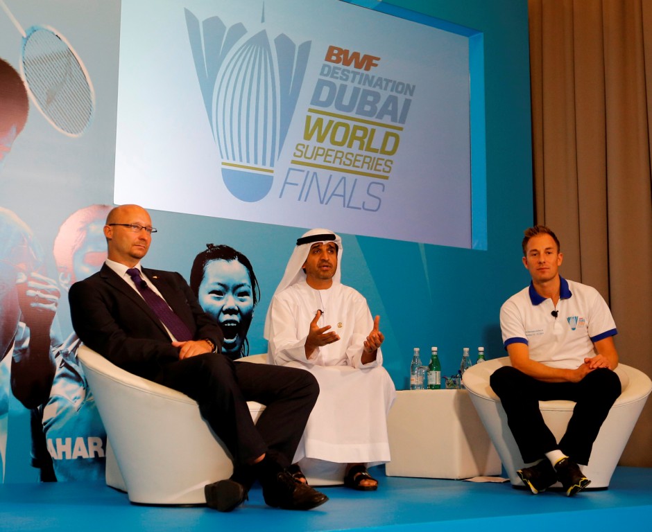 BWF secretary general Thomas Lund, Dr Ahmad Saad Al Sharif, secretary general of Dubai Sports Council, and Peter Gade, Danish former world number one, at a press conference in Dubai ahead of the BWF Destination Dubai World Superseries Finals ©BWF