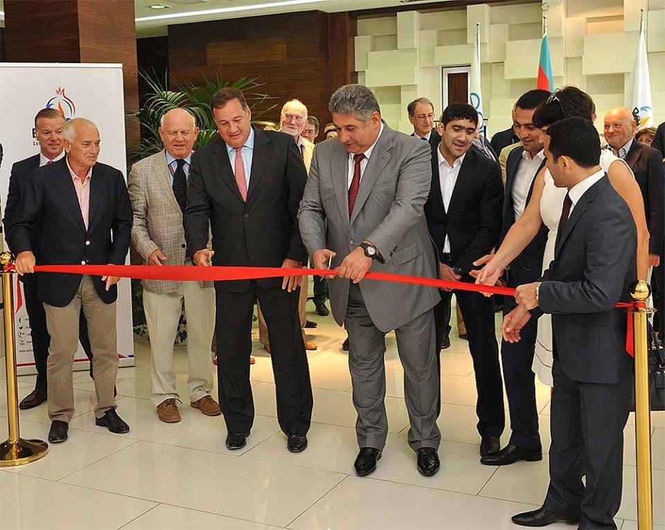 Spyros Capralos, chairman of the EOC Coordination Commission, and Azad Rahimov, Azerbaijan’s Minister of Youth and Sport and Baku 2015 chief executive, opened the new headquarters in the Azerbaijani capital ©Baku 2015