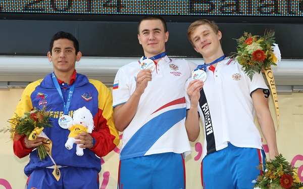 Diego Vera, Anton Evsikov and Kirill Belyayev on the junior boys 7.5km podium ©Hungarian Swimming Association