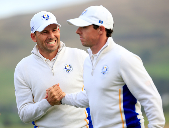 Europe's Sergio Garcia (left) and Rory McIlroy (right) beat Jim Furyk and Hunter Mahan 3&2 in the afternoon foursomes ©Getty Images