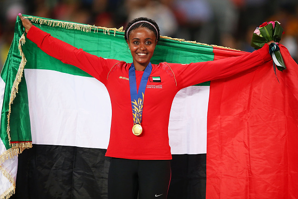 Alia Mohammed Saeed Mohammed of UAE celebrates claiming the gold medal following the Women's 10,000m ©Getty Images