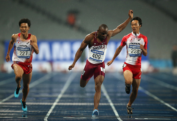 Femi Ogunode blew away the field to win the men's 100m final in a Asian Games and Asian record time of 9.93 seconds ©Getty Images
