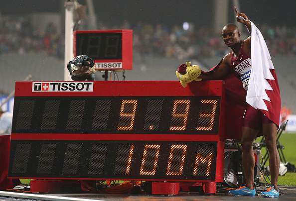 Femi Seun Ogunode with his 100m record ©Getty Images