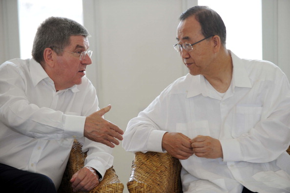 IOC President Thomas Bach with UN secretary general Ban Ki Moon at the opening of the Sport for Hope Centre in Haiti ©AFP/Getty Images