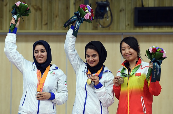 Najmah Khedmat is awarded her shooting gold medal ©AFP/Getty Images