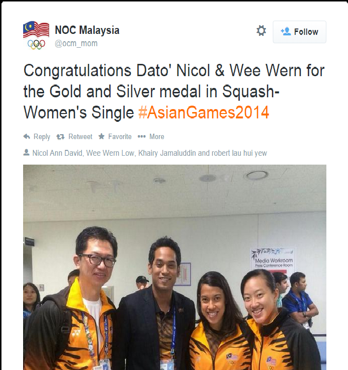 The Olympic Council of Malaysia congratulate Nicol David on retaining her Asian Games women's squash title ©Twitter