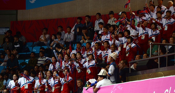 North Korea come out in force to support Jakjin Jong in the wrestling ©Getty Images