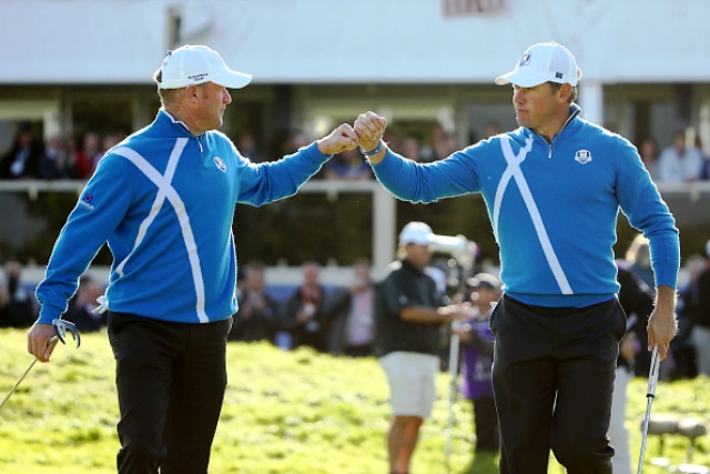 Jamie Donaldson (left) and Lee Westwood got the European points machine rolling with the first point of the afternoon session in Gleneagles ©Getty Images