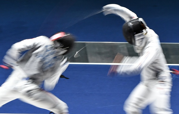 Japan's Yuki Ota (left) duelled with South Korea's Jun Heo in the men's foil individual fencing semi-finals ©AFP/Getty Images