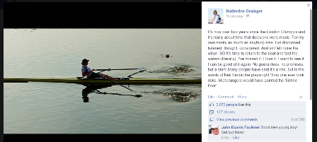 Katherine Grainger took to Facebook to announce she is returning to rowing ©Facebook/Katherine Grainger