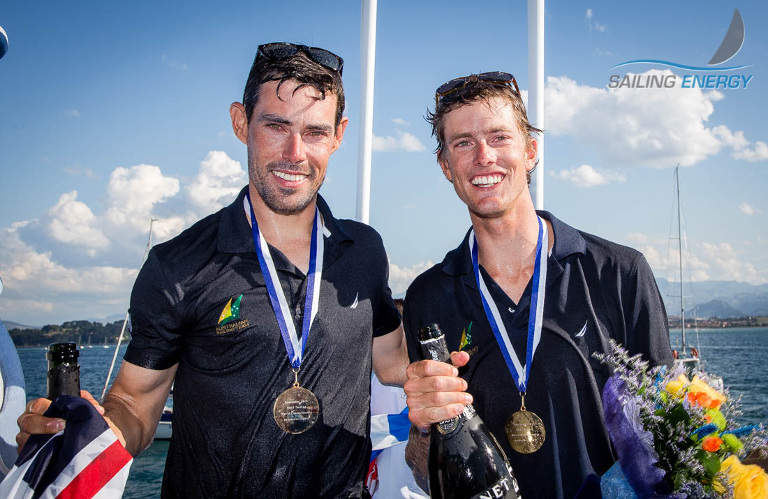 Mat Belcher (left) and Will Ryan (right) celebrate their 470 fleet success ©Sailing Energy and Thom Touw