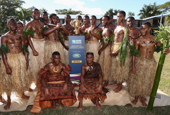 Members of Ratu Navula Secondary School rugby team in Nadi, Fiji were among the first to see the Webb Ellis Cup as it began its world tour in June ©Getty Images for England Rugby 2015