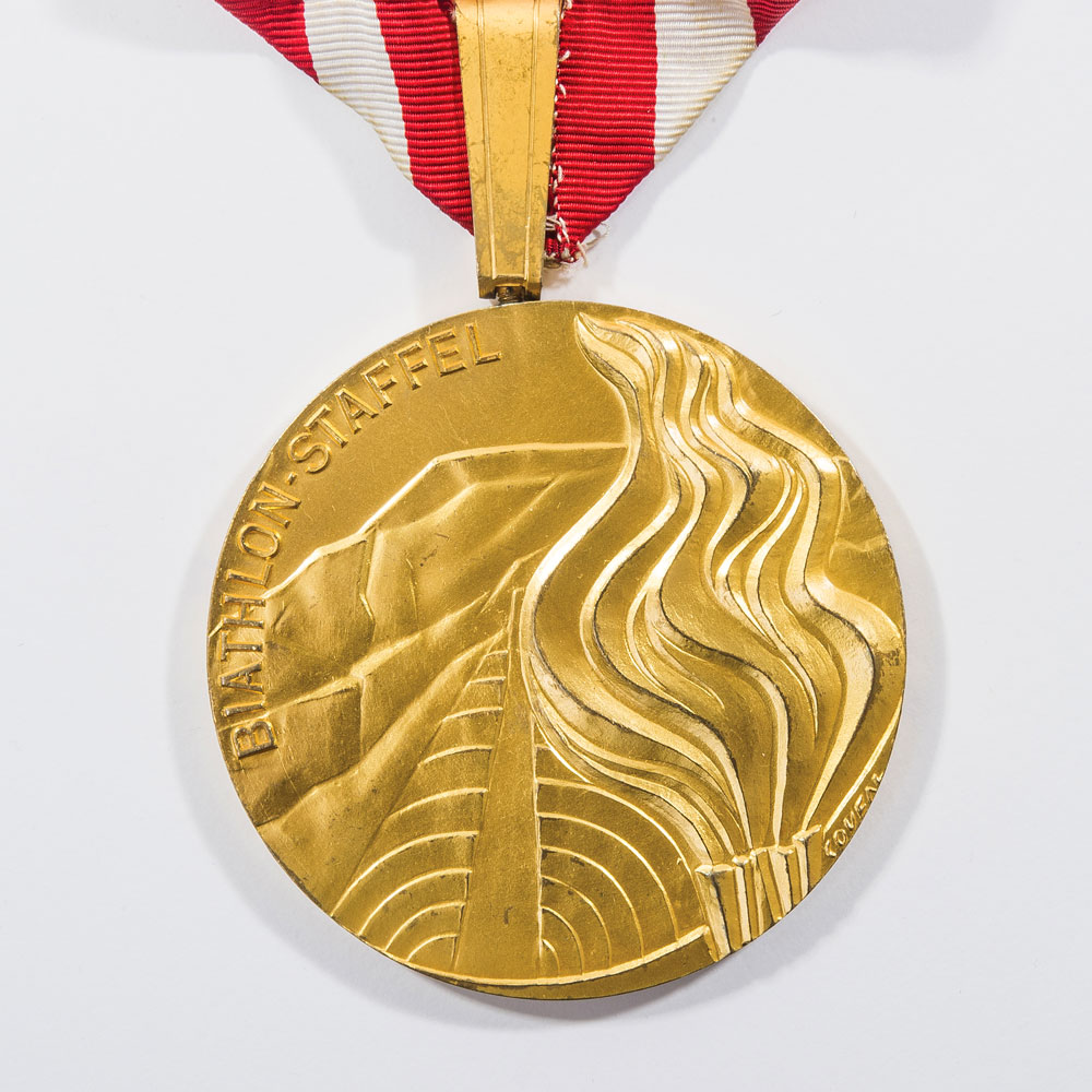 The 1976 Winter Olympic gold medal presented to the Soviet Union’s Nikolai Kruglov for the biathlon relay is set to be auctioned in Boston next week ©RR Auction