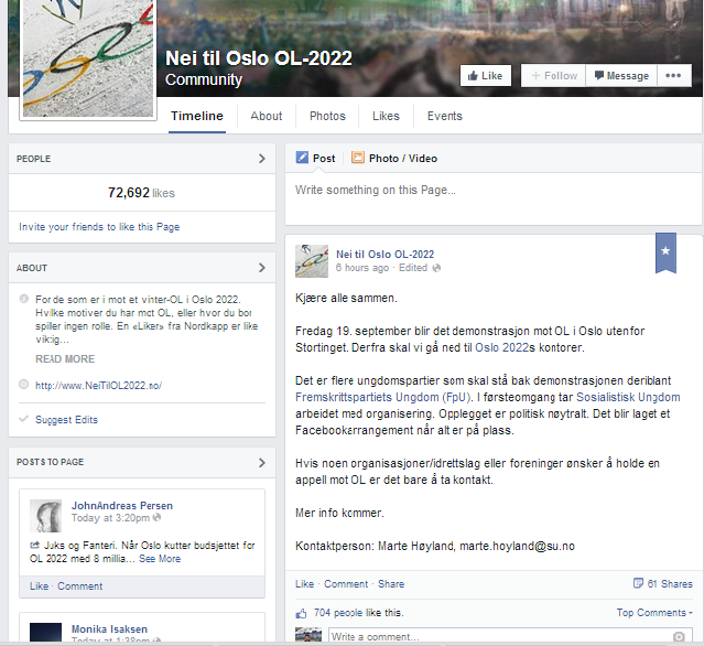 The protest has been organised on the Nei til Oslo OL-2022 Facebook group ©Facebook
