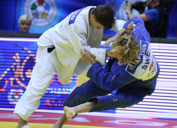 Slovenia's Tina Trstenjak won the opening contest of the day as she beat Sweden's Mia Hermansson to under 63kg gold ©IJF