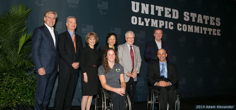 USOC Board member and Paralympic Advisory Committee Chairman Jim Benson, BP senior vice-president Corey Correnti, Tanya Gallagher, University of Illinois Chancellor Phyllis Wise, Disability Resources and Educational Services founder Tim Nugent, USOC chief executive Scott Blackmun, Tatyana McFadden and Adam Bleakney at the announcement of the University of Illinois as a US Paralympic Training Site ©USOC
