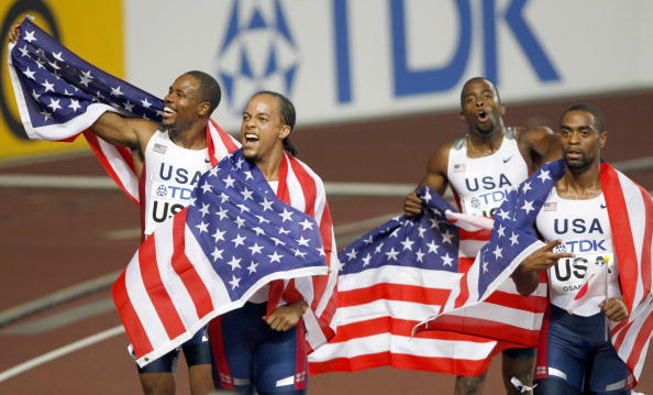 Wallace Spearmon (second from left) won 4x100m relay gold at Osaka 2007 ©AFP/Getty Images